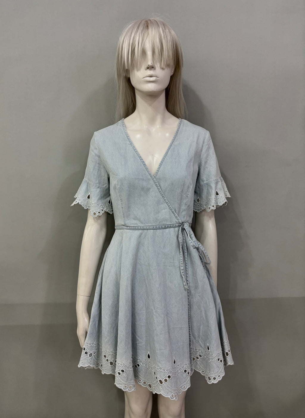 Extra Small Acid Wash Light Blue Chambray Wrap Women’s Dress