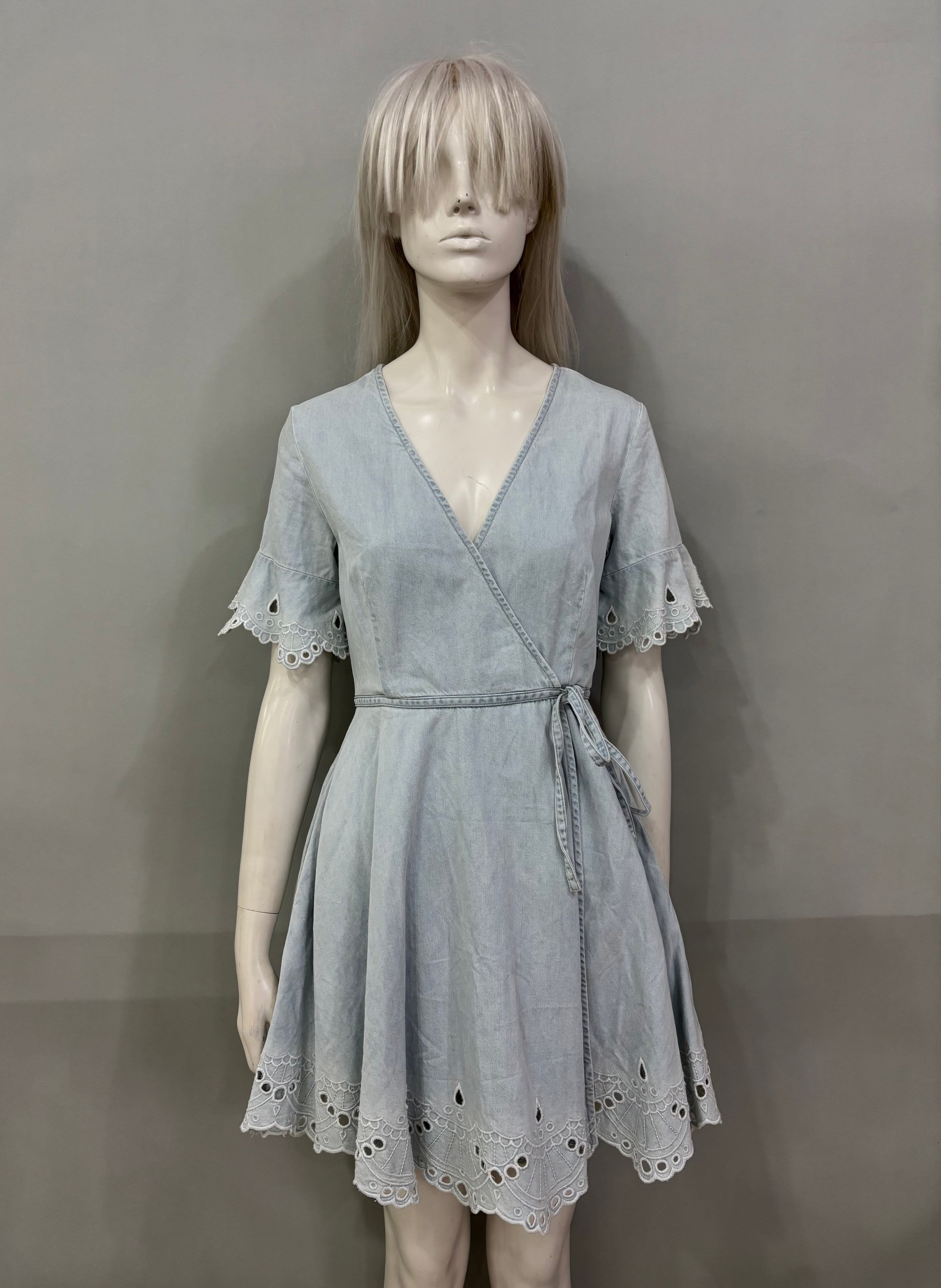 Extra Small Acid Wash Light Blue Chambray Wrap Women’s Dress
